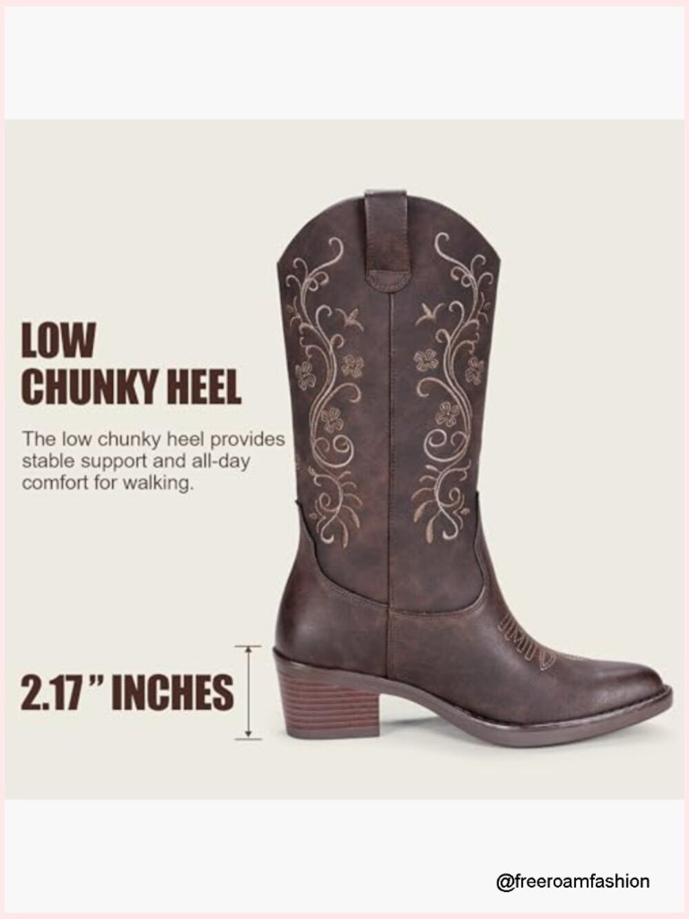 Floral Embroidered Cowboy Boots Mid Calf Pointed Toe Chunky Heel - Picture 3 of 7